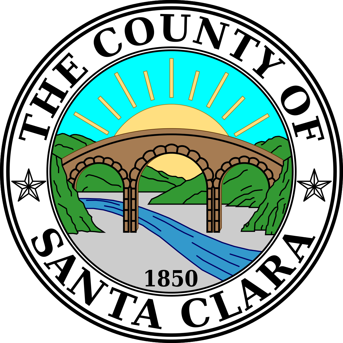 A bridge with greenery, a river flowing underneath, and the sun rising behind, the logo for The County of Santa Clara